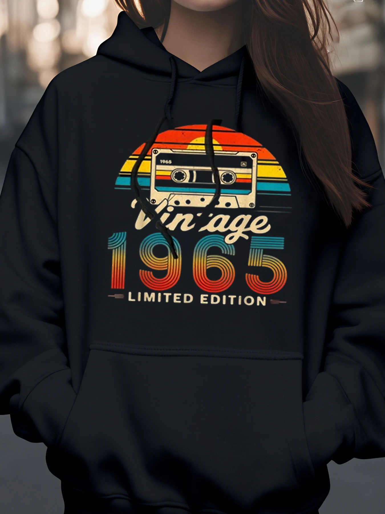 Felpa con cappuccio con design a cassetta vintage del 1965, regalo di compleanno per donna, abbigliamento casual, felpa unisex stile retrò