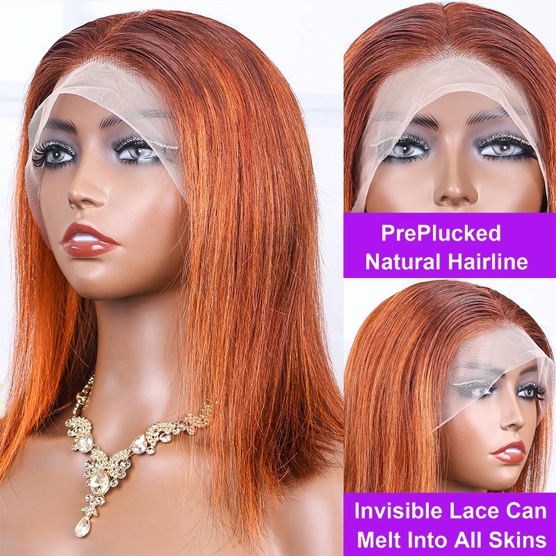 Рыжий Оранжевый 13x4 Прямой Парик Фронта Шнурка Шелковистый 200% Плотность Выделенный Оранжевый Цвет P4-350 Предварительно Сорванные Парики из 100% Человеческих Волос