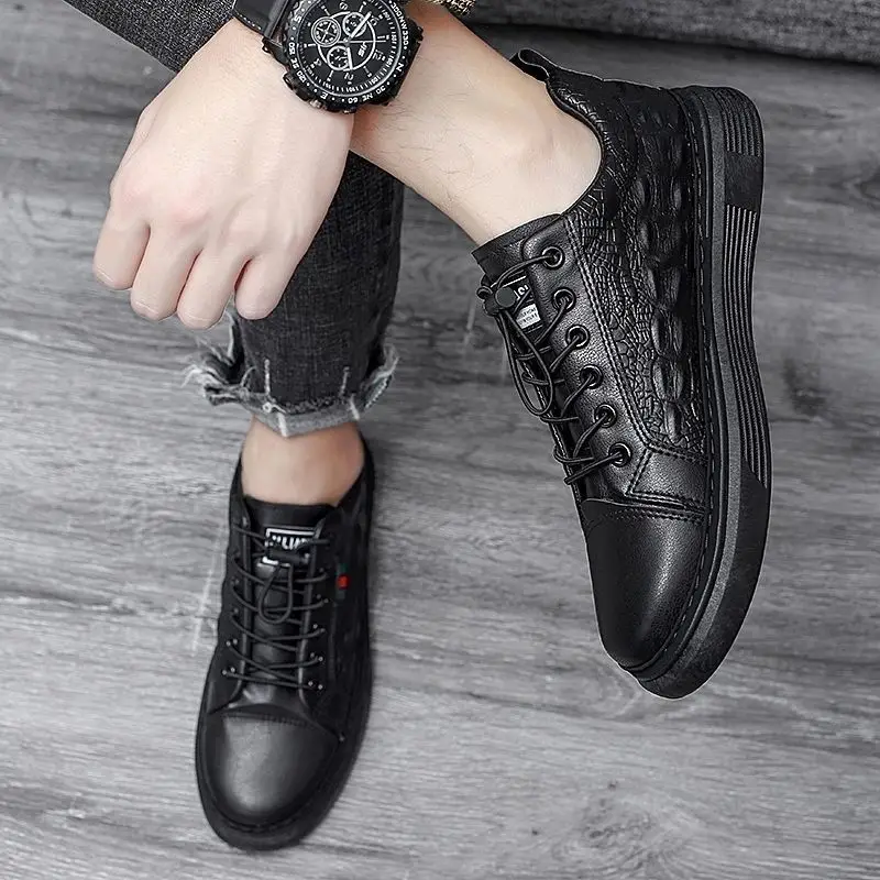 Black Uneven Leather Winter Boots Men Cool Casual Boots for Youth Boys Alligator Print Platform Sneakers Men Autumn Shoes