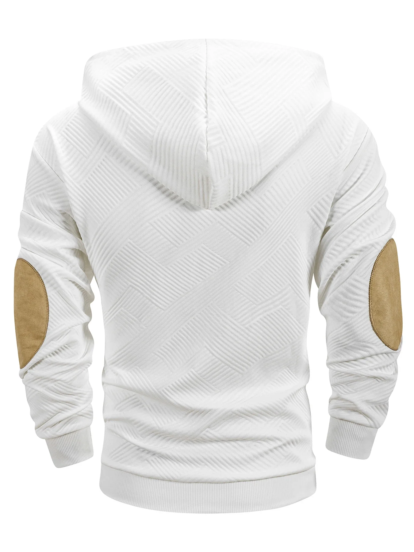 Men's Hooded Henley Sweatshirt Metal Buttons Suede Elbow Patches Geometric Textured Drawstring Ribbed Cuffs Casual Pullover Top