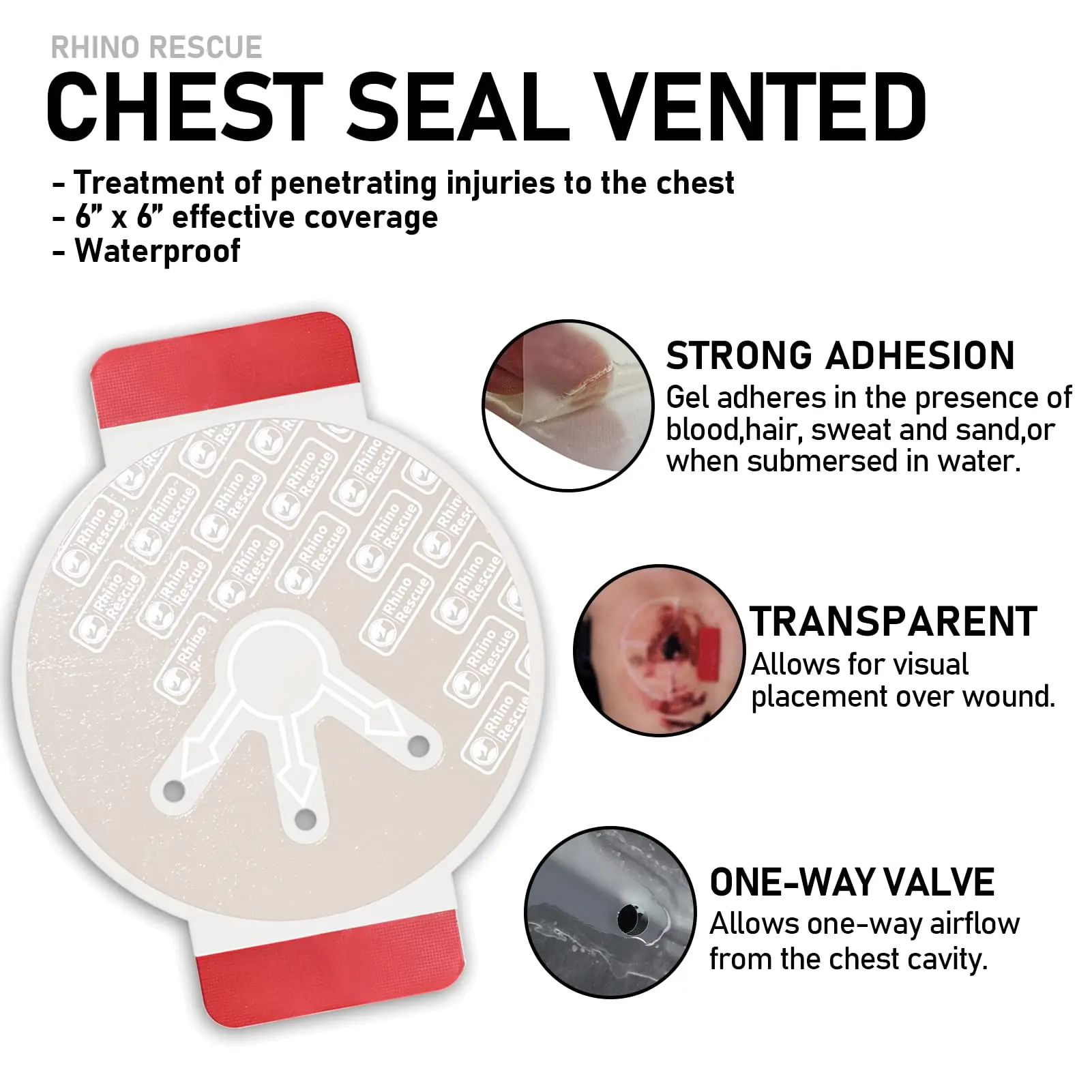 RHINO RESCUE Vent Chest Seal Twin Pack,Trauma Dressing, First Aid Kit Sterile, Wound Care Ifak Refill Kit, 6 Count