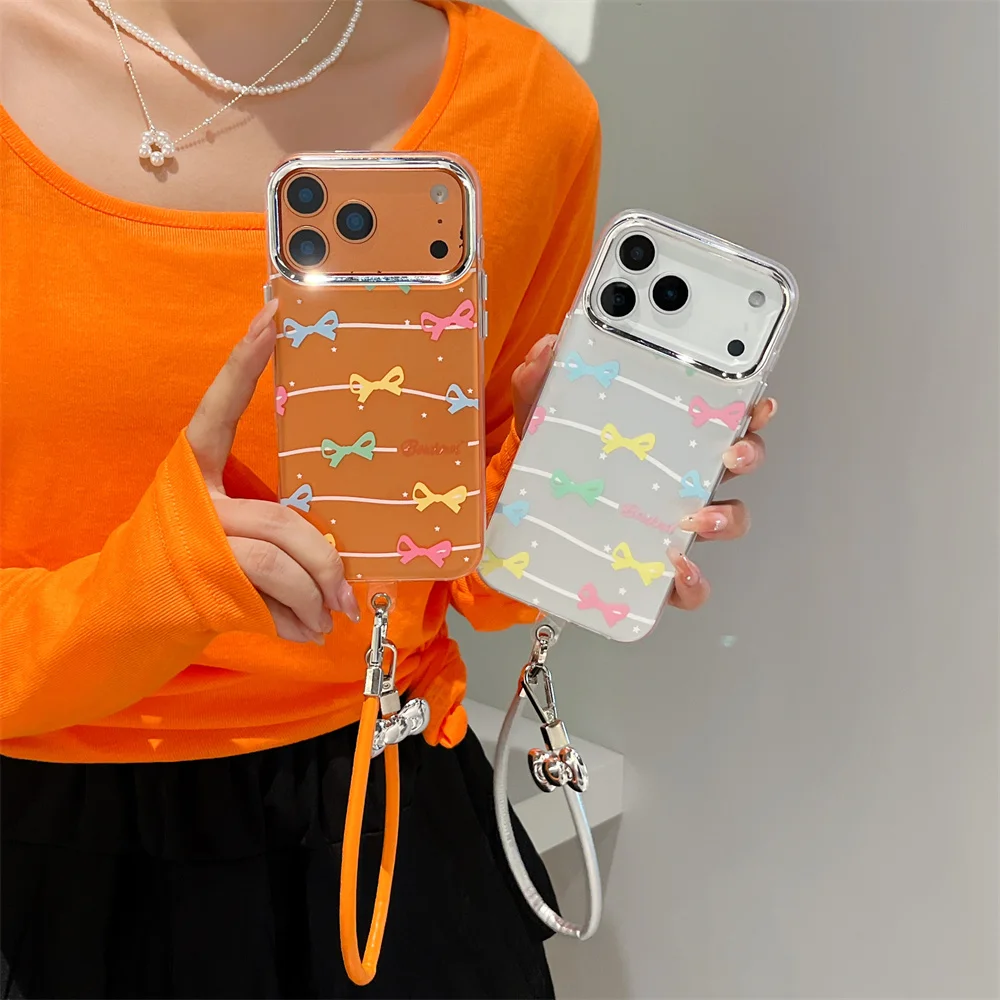 

Korean INS simple striped colorful bow phone case for iPhone 17 Pro 14 15 16 Pro Max cover with lanyard Cases shockproof Fundas