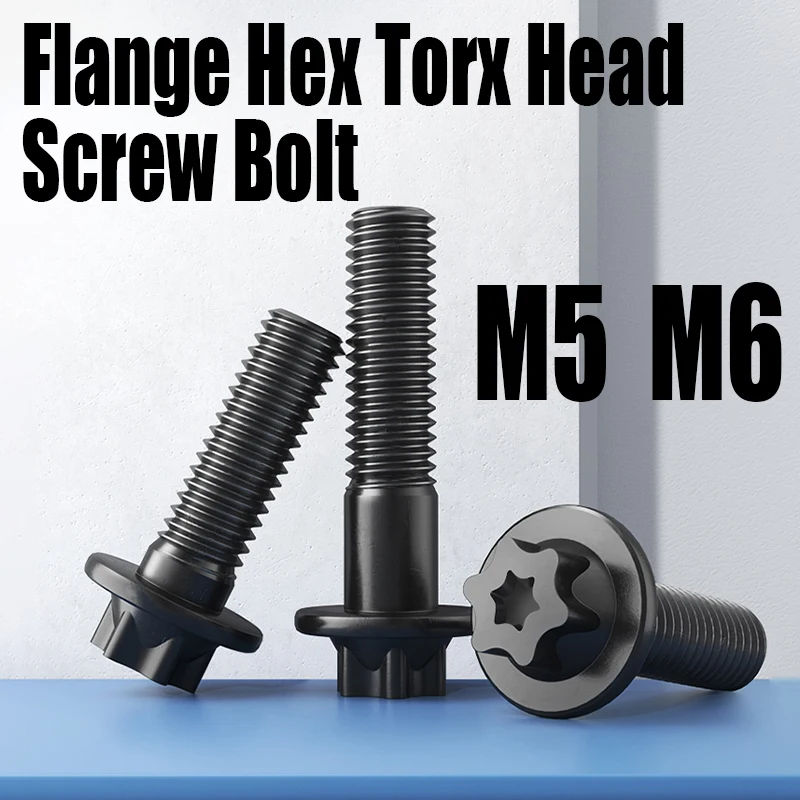 4PCS M5 M6 Grade 12.9 Black Carbon Steel Flange Hex Torx Head Screw Six Lobe Truss Head Bolts Hexagon Plum Flange Screw