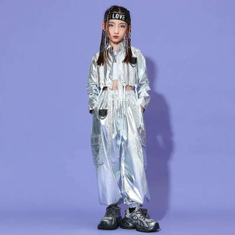 Neues Hip-Hop-Kostüm für Kinder, silberne Jacke, Hose, langärmelig, Straßentanz-Outfits, Teenager, Mädchen, Jazz-Bühnenkleidung