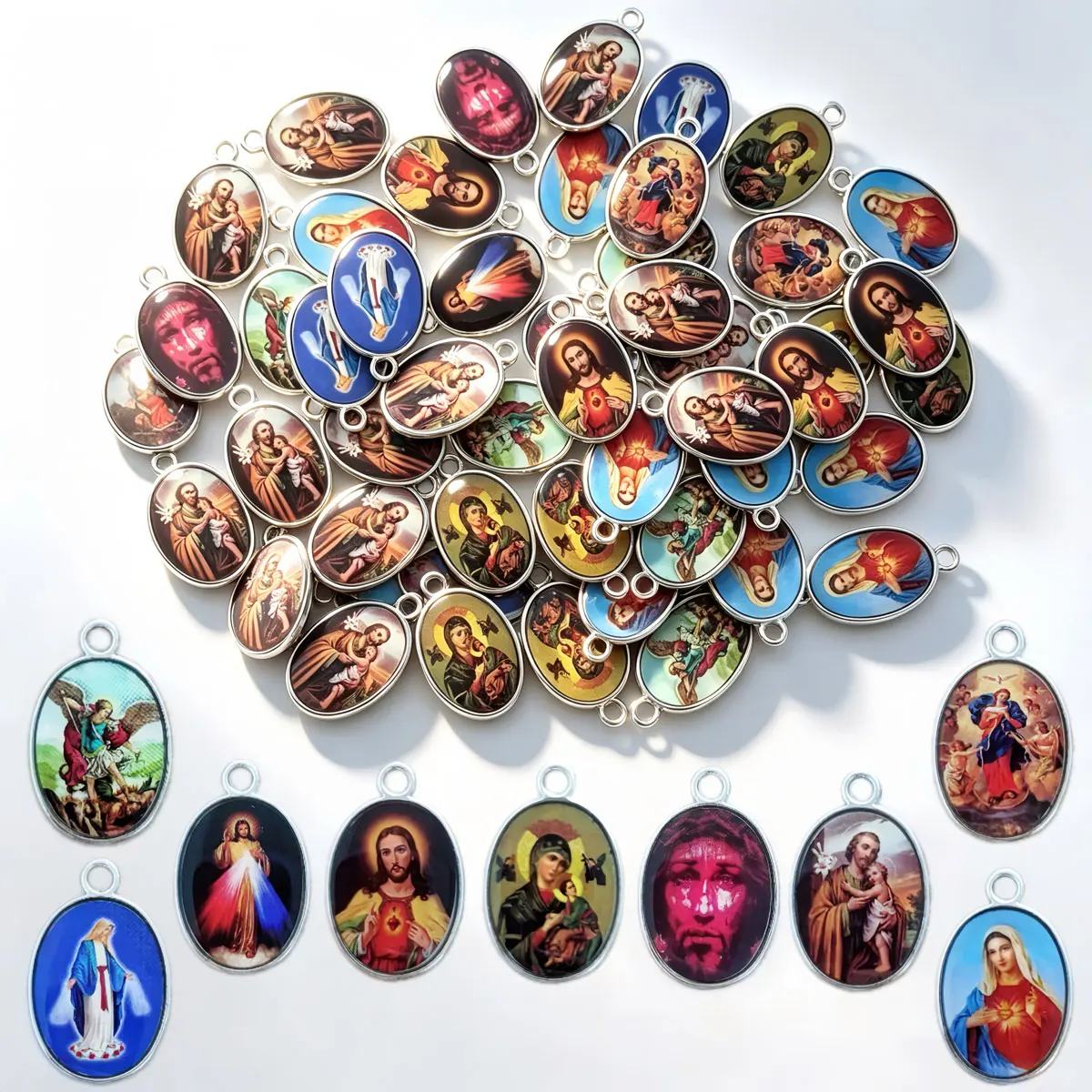 12Pcs Color Print Oval Saint Medals Alloy Pendants for DIY Bracelet Necklace Rosary Making Religious Charms Accessory