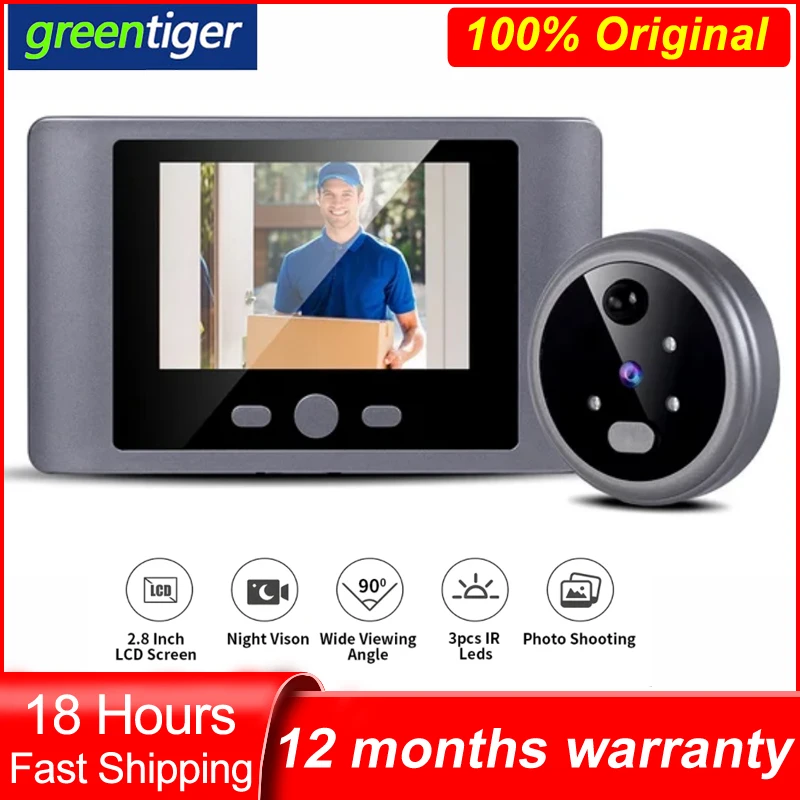 Peephole Door Viewer Camera Doorbell PIR Motion Light Screen 4 Ringtone Chime Smart Home 3 menu buttons AOD Door Bell Camera