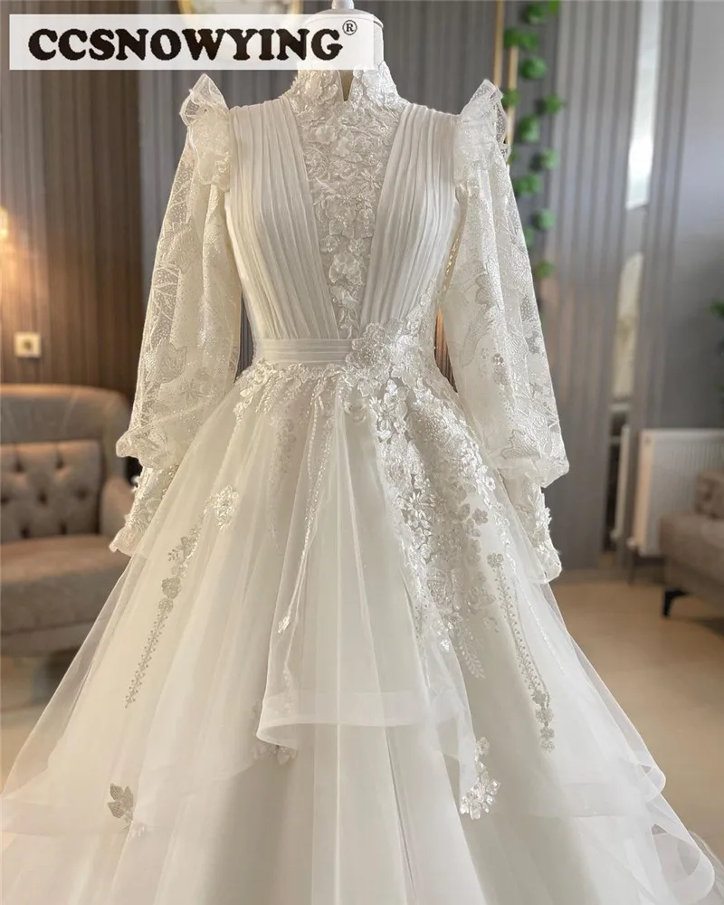 Ball Gown Muslim Wedding Dress High Neck Long Sleeve Arabic Dubai Bride Gown Tulle Appliques Hijab Islamic Vestidos De Novia