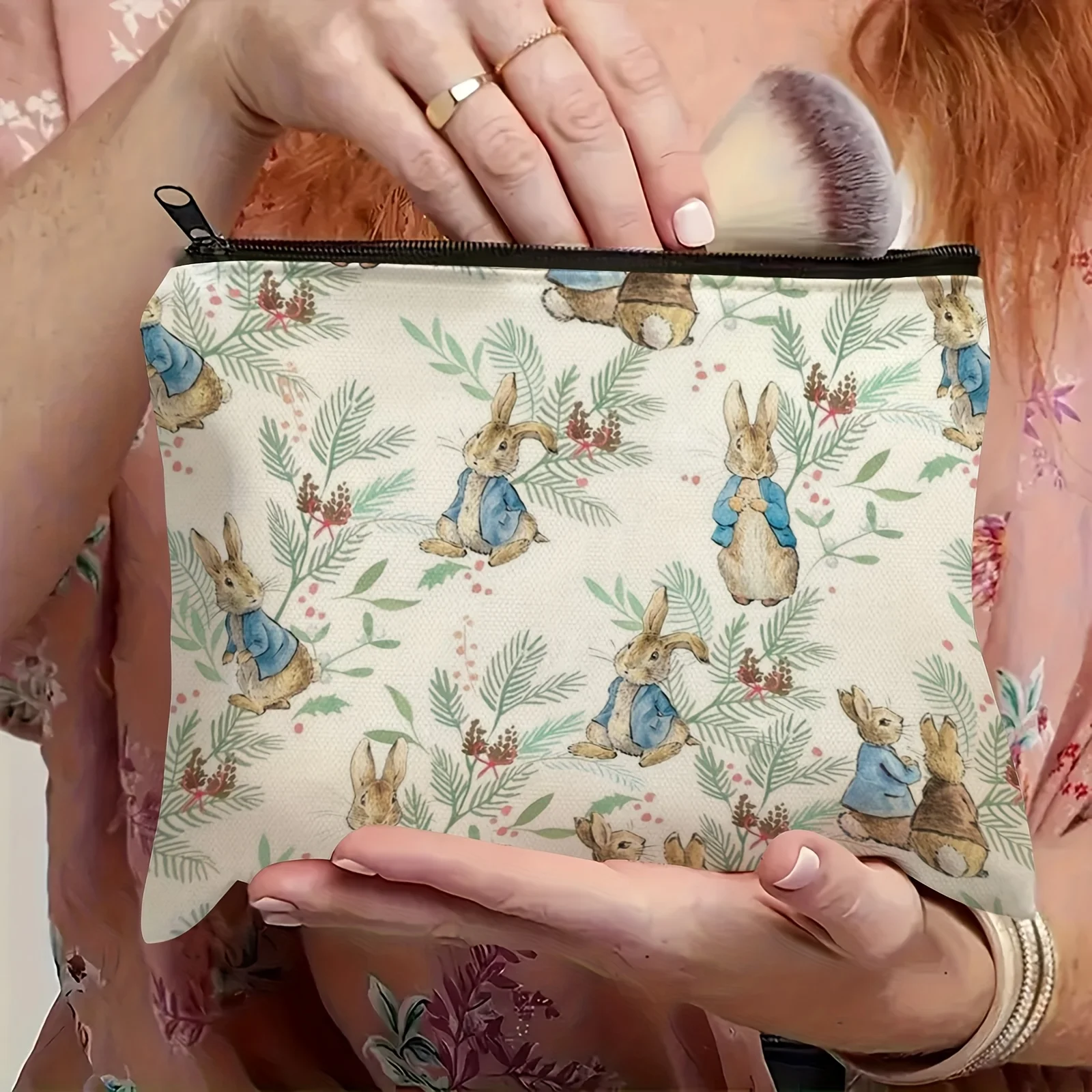 Cute Fairy Rabbit Theme Durable Fade Resistant Canvas Zipper Makeup Bag Fashion Gifts Sister Portable Makeup Bag Student Penc