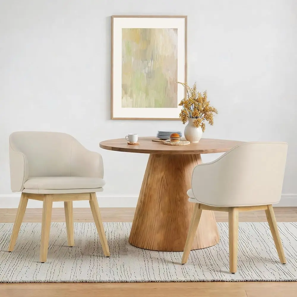 

Pair of Modern Faux Leather Dining Chairs with Barrel Backrests and Thick Cushions for Home, Restaurant, and Café, Beige