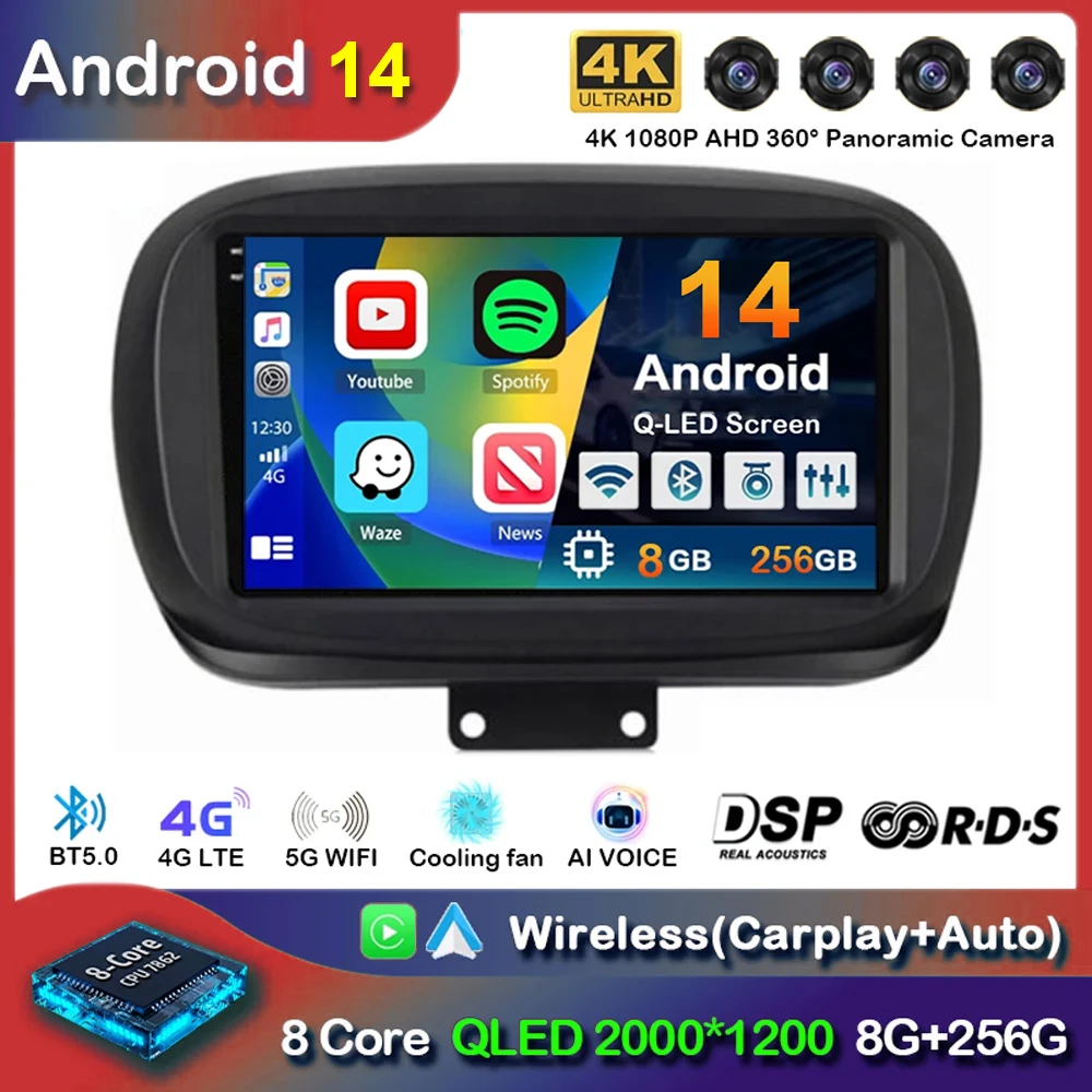 

Android 14 Carplay Auto Car Radio for Flat 500X 2014-2020 Multimedia Video Player Navigation GPS Stereo WIFI+4G 2 Din 2din DVD