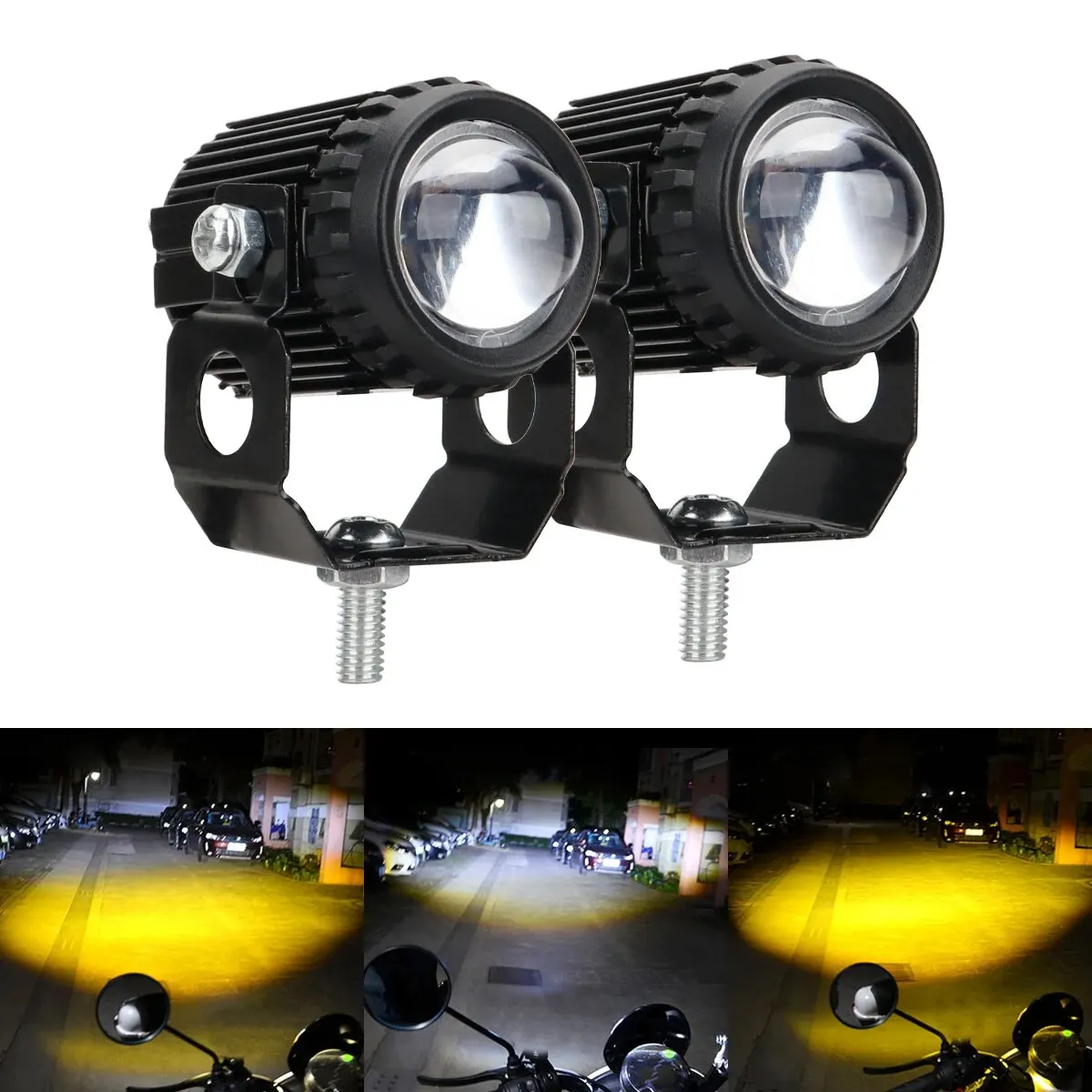 

Motorcycle LED Lens Spotlight Dual-color High Low Beam External Headlight Auxiliary Fog Lamp Moto Driving Lamp