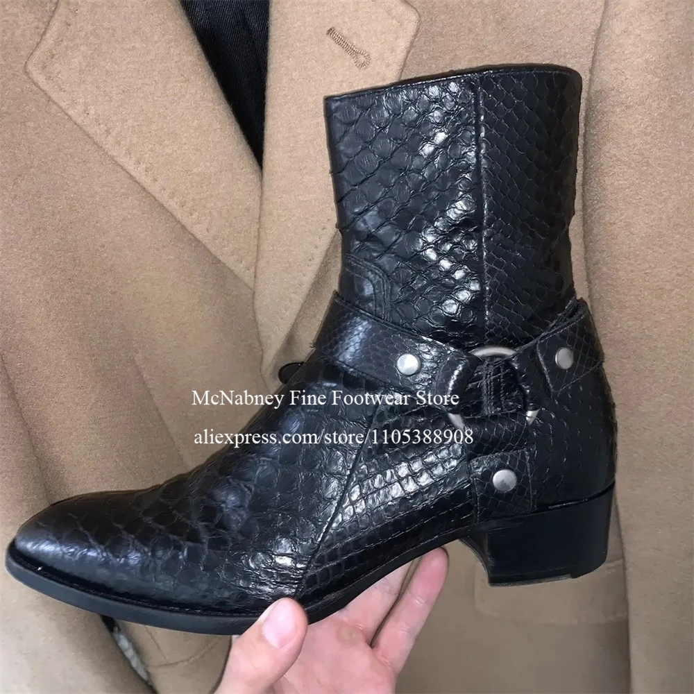 

Snake Print Leather Men Birtish Style Ankle Boots Metal Ring Buckle Pointed Toe Formal Bootie Gentlemen Style Dress Shoes