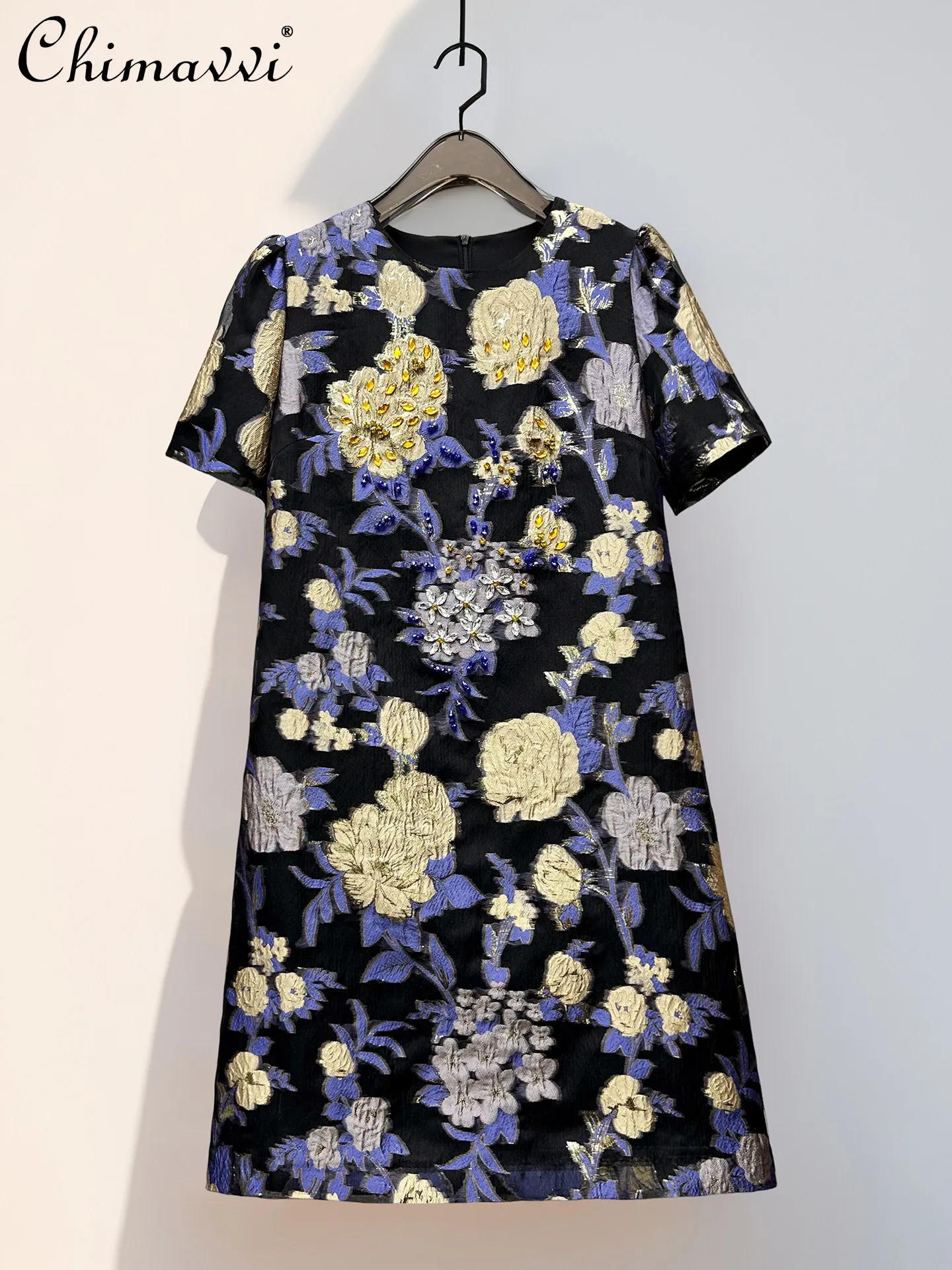 

French Elegant Fashion Heavy Industry Diamond Jacquard Crew Neck Short Sleeve High Waist A-line Party Dress Women Summer 2026