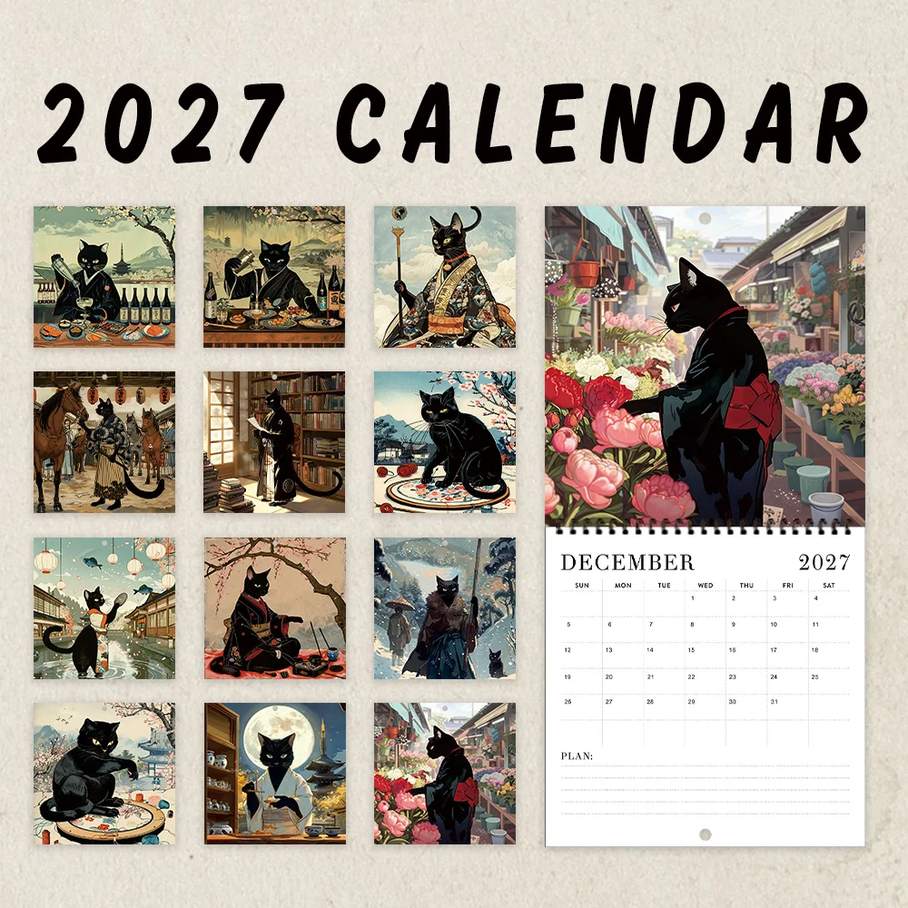 1pc 2027 Wall Calendar, Kimono Black Cat Theme, 12-month Monthly Planner, Perfect Gift For Birthdays, Christmas, New Year