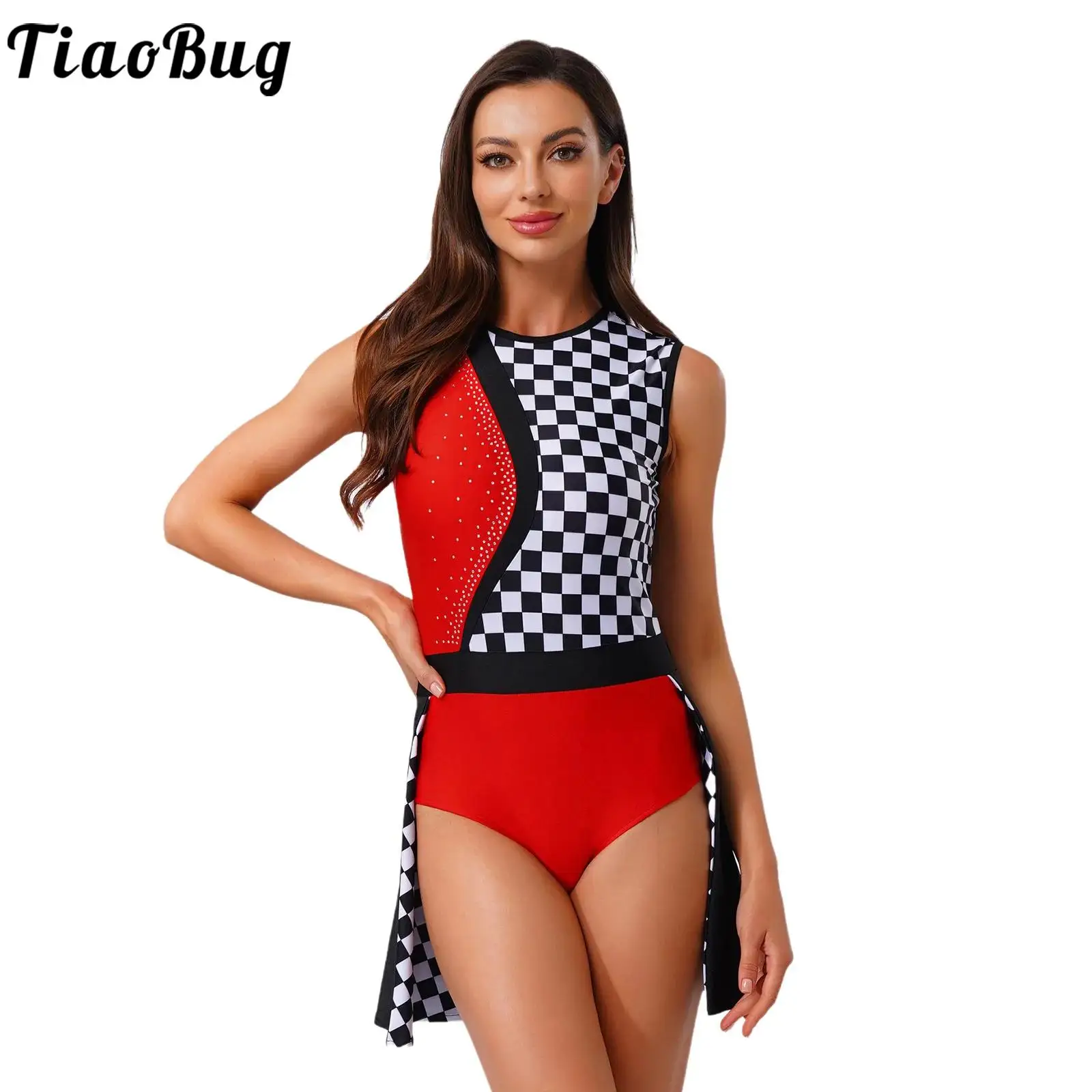 

Women Festival Driver Costume Speed Racer Checked Dresses Contrast Color Back Leotard Skirted Jumpsuit for Halloween Cosplay