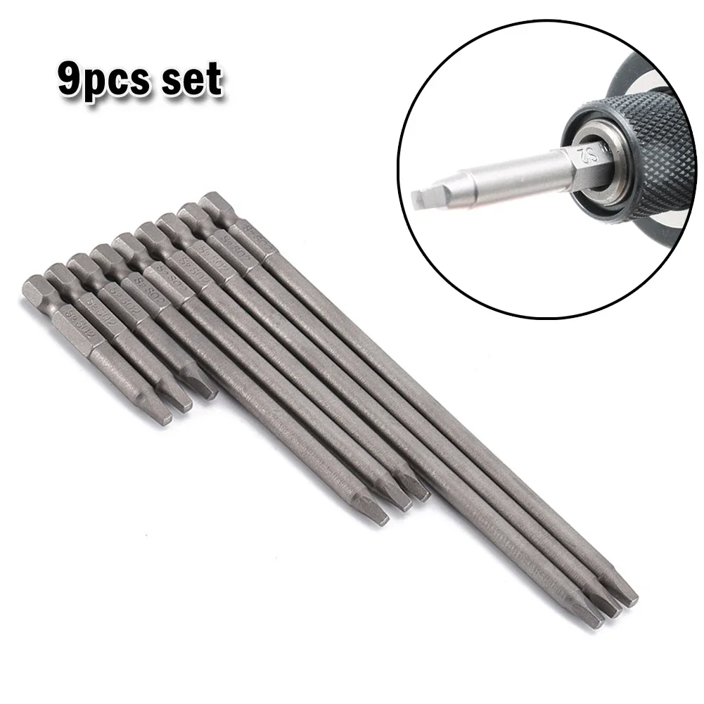 9pcs Square Screwdriver Bit Set Magnetic Tips SQ2 Drive Bits 50mm 100mm 150mm For Power Drill And Hand Tool Projects