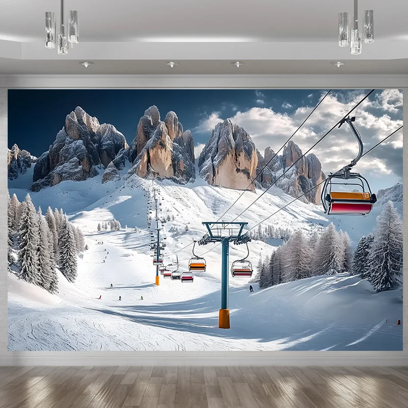 Bannière de fête pour Sports d'hiver, 1 pièce, scène de ski de montagne enneigée avec ascenseur et Snowboard, décoration Miracle d'hiver