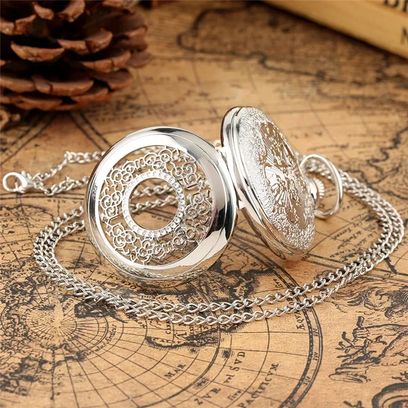 Silver Hollow Out Flower Case Men Women Quartz Pocket Watch Roman Number Dial with Necklace Pendant Chain Timepiece
