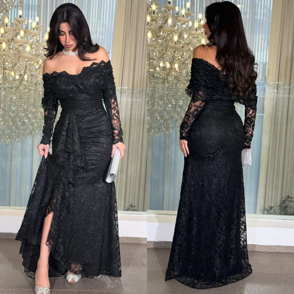 

Сексуальные вечерние кружевные плиссированные длинные платья русалки с открытыми плечами по индивидуальному заказу, изысканные платья высокого качества