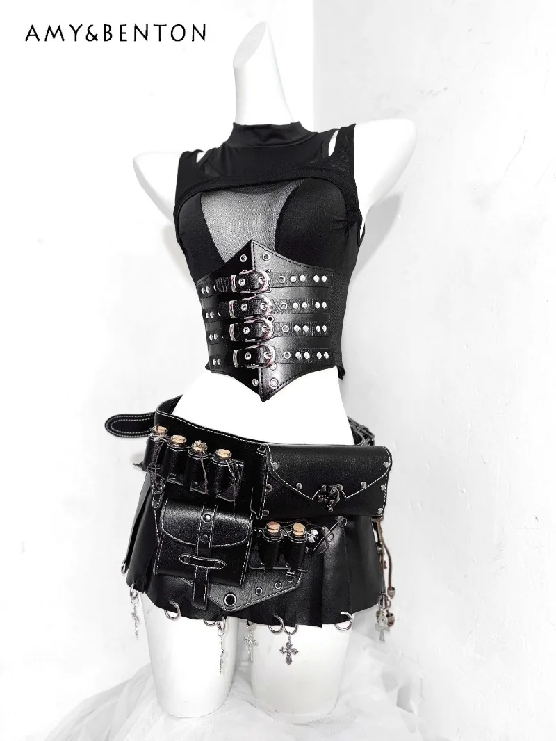 

2025 New Japanese Original Subculture Dark Goth See-through Top Leather Waist Seal Miniskirt Hot Suit For Women