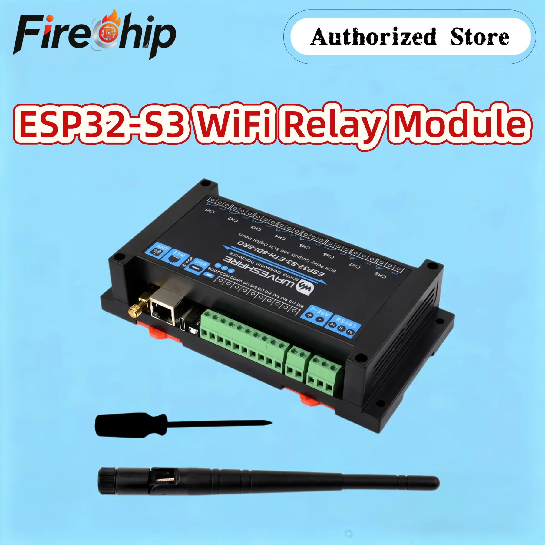 firechip-waveshare-industrial-8-channel-esp32-s3-wifirelay-module-onboard-isolated-rs485-interface-isolation-protection-circuit