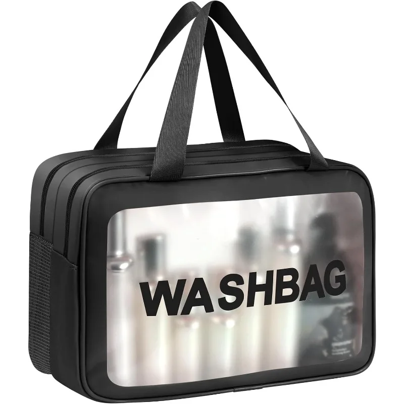 1pc Large Capacity Transparent Dry Wet Separation Double-Layer Wash Bag Frosted PU Travel Portable Handheld Bath Storage Bag
