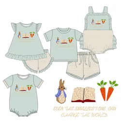 Easter Boutique Short Sleeve Round Neck Rabbit French Knot Girl Green Romper Boy Blue Top Clothes And Pleated Skirt Pants