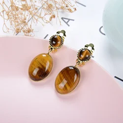 2022 New Natural Round Tiger Eye Stone Ear Clip For Women Bohemian Long Simple Crystal Earrings Handmade Jewelry Party Gift