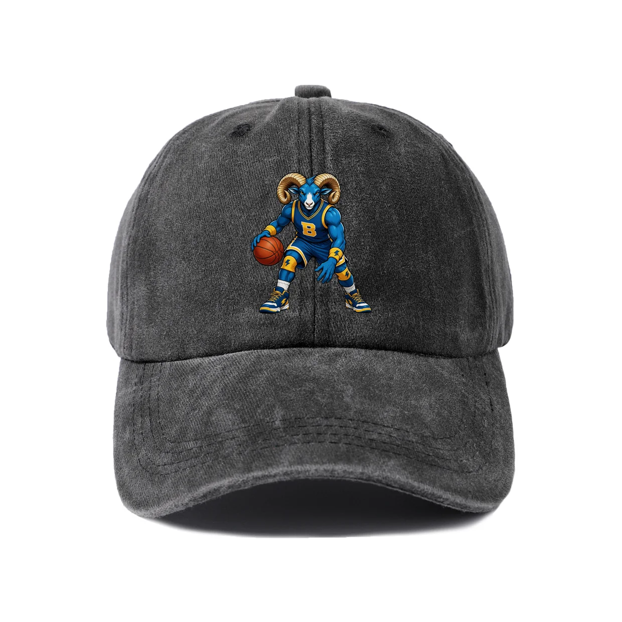 Basketball Ram Mascot Letter B Graphic Vintage Washed Baseball Cap, Adjustable Unisex Dad Hat for Men and Women
