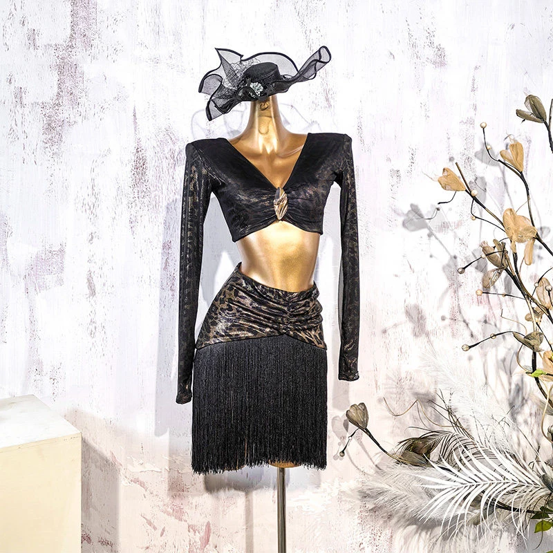 

Костюмы для латинских танцев для взрослых, сексуальный топ с леопардовым принтом и v-образным вырезом, юбка с кисточками для женщин, чача-самба, платье для латинских выступлений DN22616