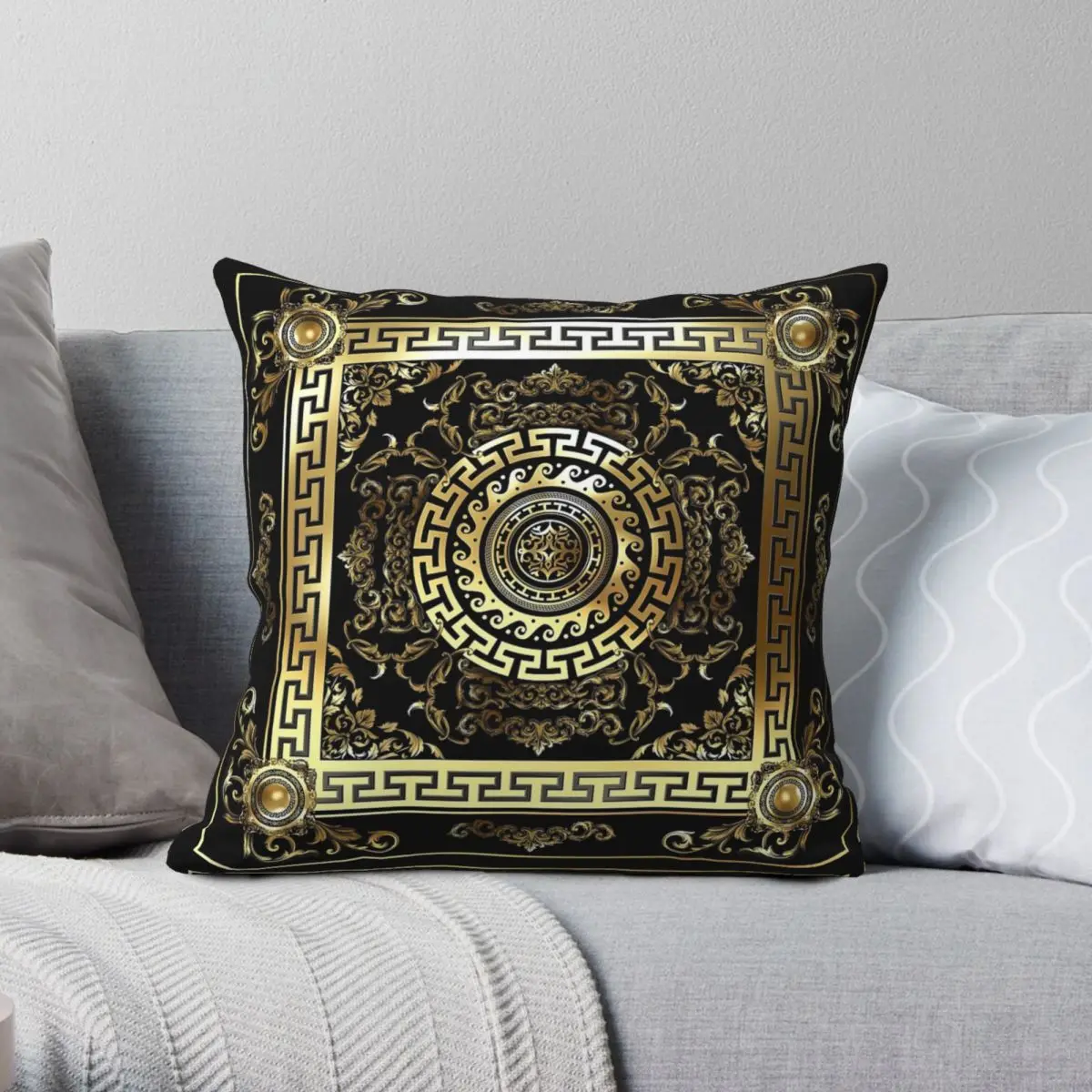 Gold Black Greek Key Square Pillowcase Polyester Linen Velvet Printed Zip Decorative Bed Cushion Cover 18