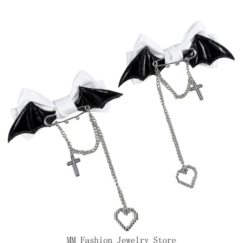 2Pieces Punk Hairpin Bat Wing Chain Heart Crossed Bowknot Hair Clip for Halloween D0UB