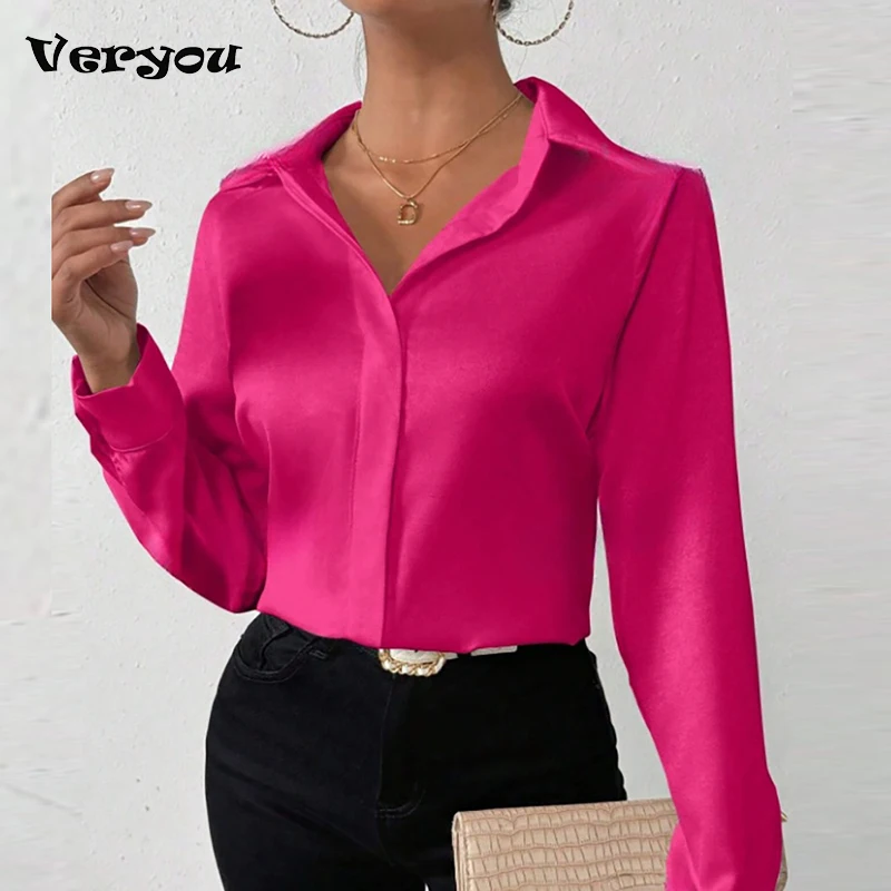 

Женская шелковая рубашка с длинным рукавом, женская модная блузка с отложным воротником и пуговицами, женские элегантные атласные топы, офисная женская рубашка