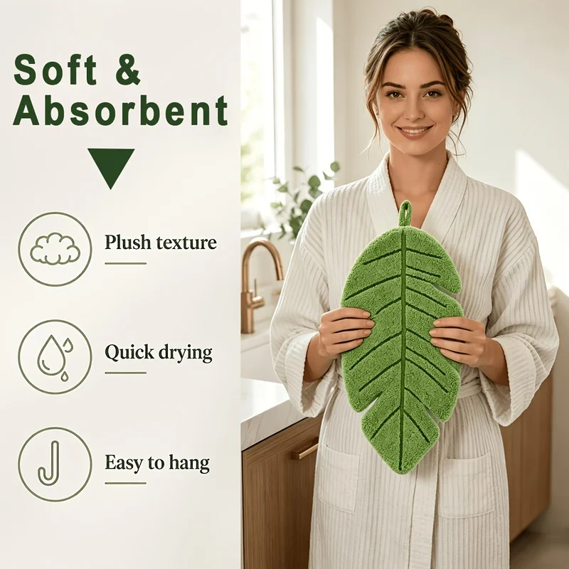 Hand Towel, Creative Banana‑Leaf Coral Fleece Hand Towel, Thick Absorbent Quick‑dry Hanging Cloth for Kitchen Bathroom