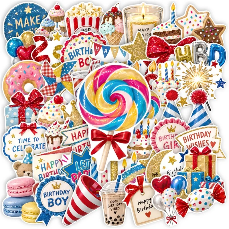 50PCS Cartoon Birthday Dessert Sticky PVC Sticker DIY Laptop Luggage Skateboard Colored Decoration Stationery Scrapbooking