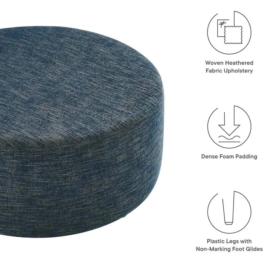 38 Inch Round Ottoman in Heathered Weave Azure - Heathered Woven Fabric - Versatile Upholstered Coffee Table and F
