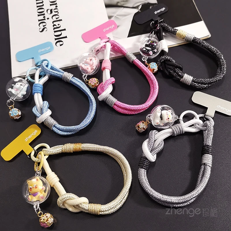 

Тканый ремешок для телефона с милым колокольчиком, женский короткий съемный сверкающий ремешок двойного назначения с защитой от потери телефона