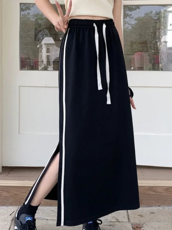 

Большие размеры 300 Pou, американская трикотажная юбка длиной до пола, женская летняя прямая юбка трапециевидной формы средней длины с разрезом по бокам