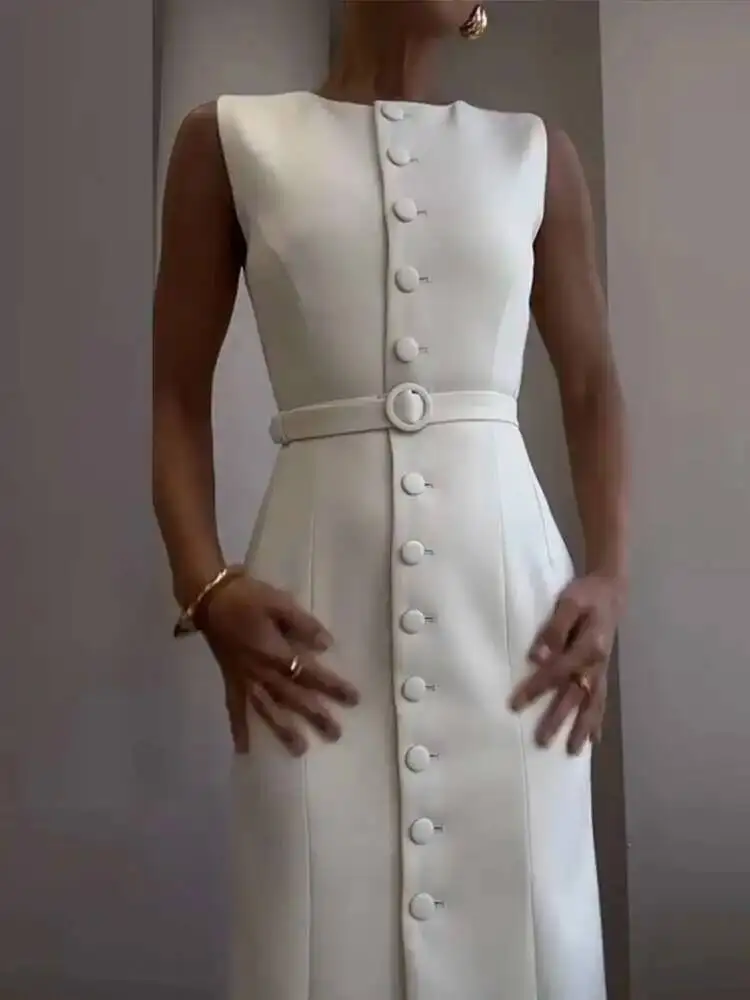 

Elegant Single Breasted Tank Dress Women Belts Sleeveless O-neck Slim Solid Spring Dresses Commute Street Split Lady Robe