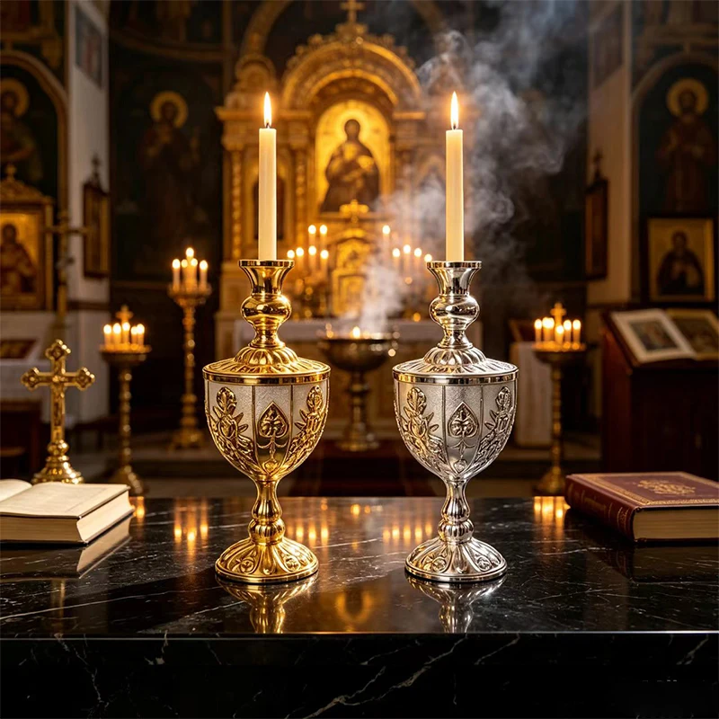 Ornate Gold Metal Orthodox Vigil Lamp Red Glass Candle Holder with Cross Enamel Lampada for Home Altar Christian Religious Gift