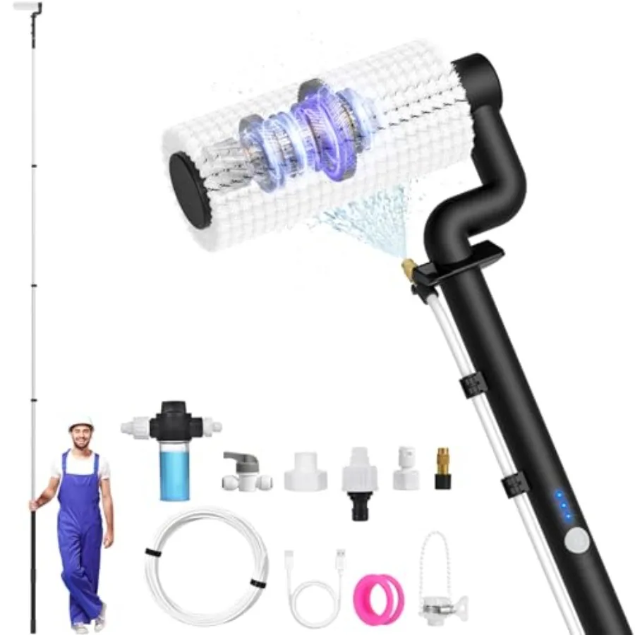 

Solar panel cleaning kit for rooftop/RV/windows use, aluminum telescopic pole with nylon brush, blue color, 20FT extendable wit
