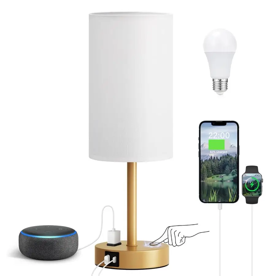 

Gold Nightstand Bedroom Lamp 3 Way Dimmable Bedside Lamp USB C A Charging Ports and AC Outlet, Small Table Lamp Linen Lampshade