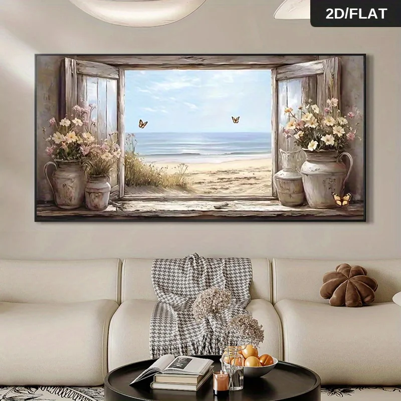 2D Flat Modern Abstract Frameless Beach View Through Rustic Window, Print Wall Art Canvas Painting, for Living Room And Bedroom