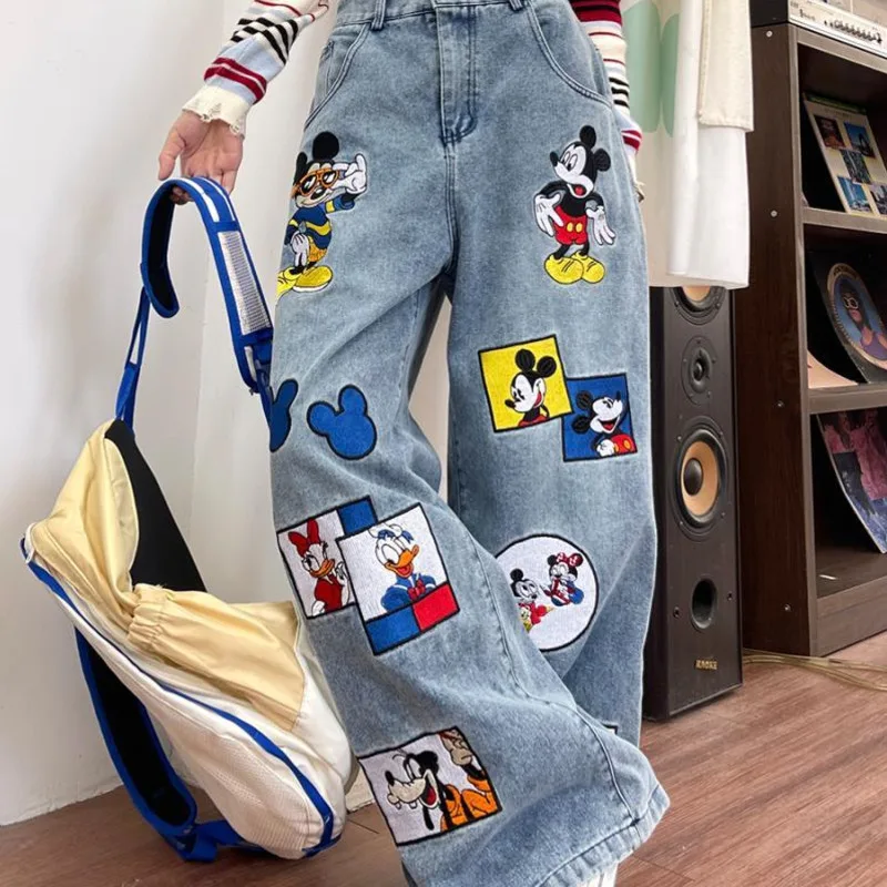 Disney Mickey Donald Duck Fun Cartoon Embroidered Jeans For Women Spring New Loose Straight Pants American Trendy Wide Leg Pants