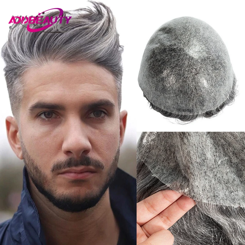 ISKIN Men Toupee Human Hair Wigs Thin Skin Full PU Men's Capillary Prosthesis With Knots 0.14mm PU Base Indian Human Hair System