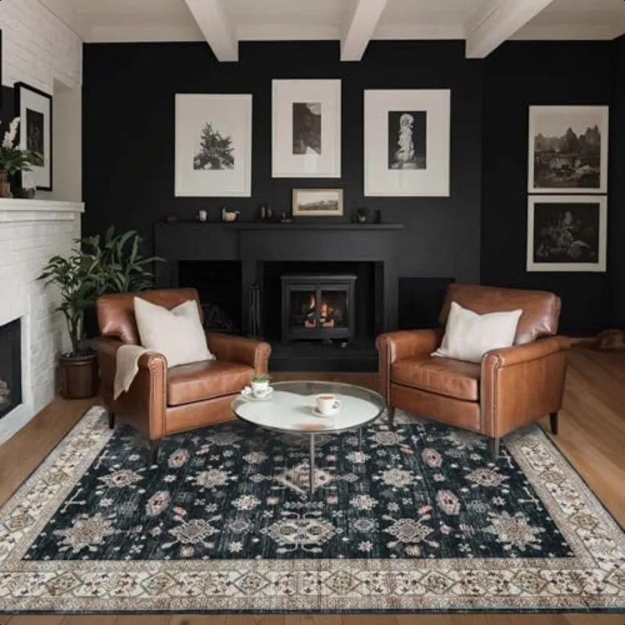 

5x7 Area Rugs for Living Room Bedroom Large Washable Rug Black Floral Boho Rug Non Slip Low Pile Faux Wool Thin Carpet for Ind