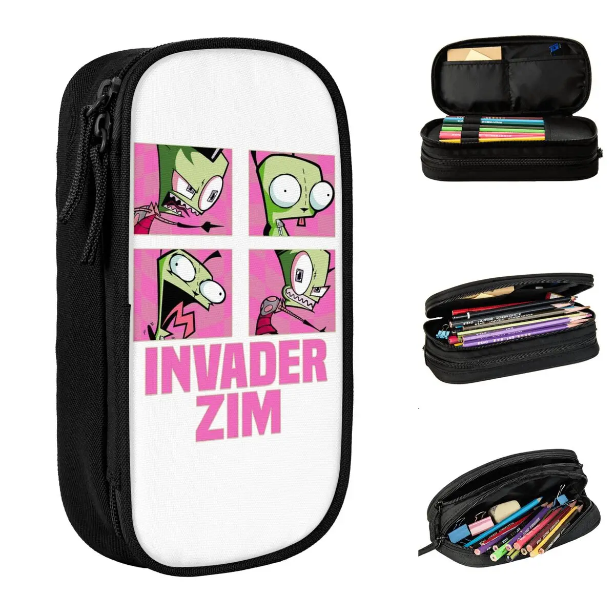 Invaders Zims Black Anime Cartoon Pencil Case Double Layer Large Capacity Kids School Supplies Pencil Bag Suprise Gift