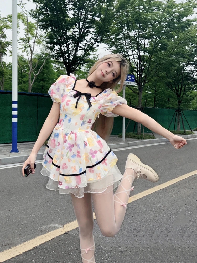 

SYJ ujia Sweet Spicy Printed Puffy Dr Women's Design Slimming High Waist A-Line Skirt Korean Sle Commute Wind