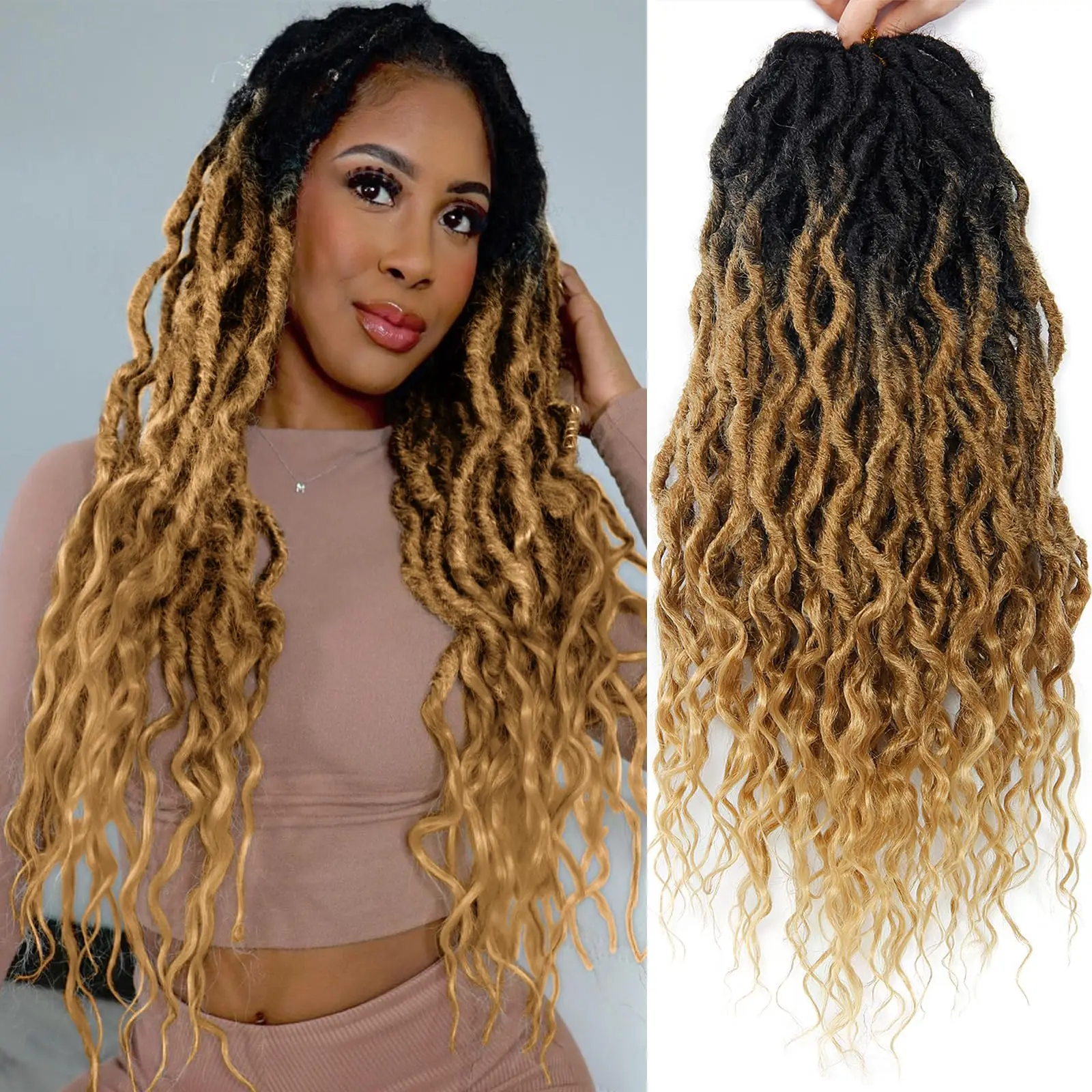 16Inch Faux Locs Crochet Hair  Wavy Pre-looped Goddess Locs Crochet Hair Soft Locs Curly Ends Dreadlocks Faux Crochet Locs