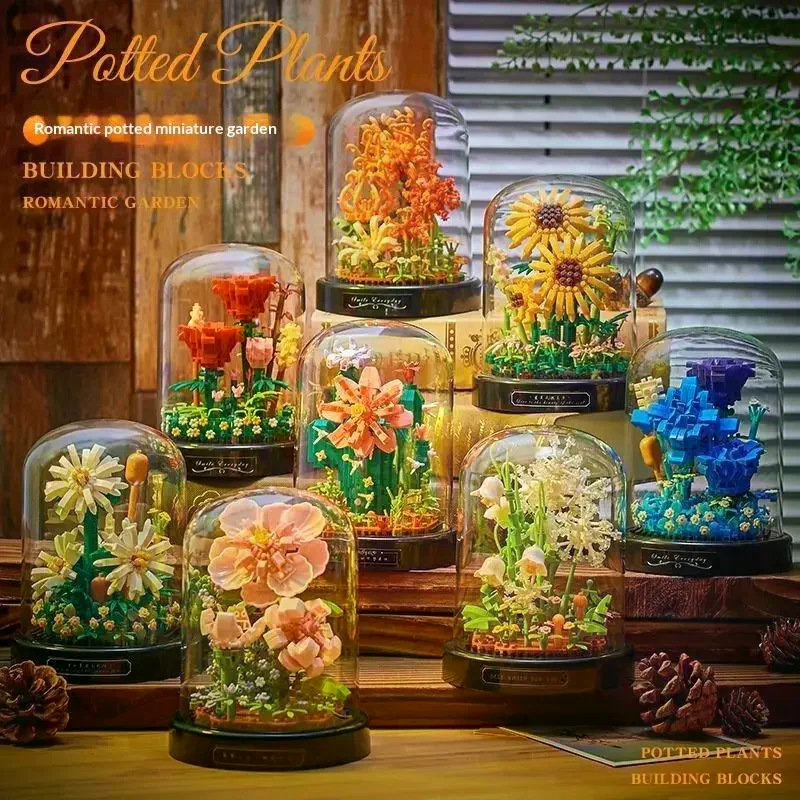 Bouquet Building Blocks With LED Light Clear Glass Dome Home Decor Valentines Gifts For Girls Women Flower